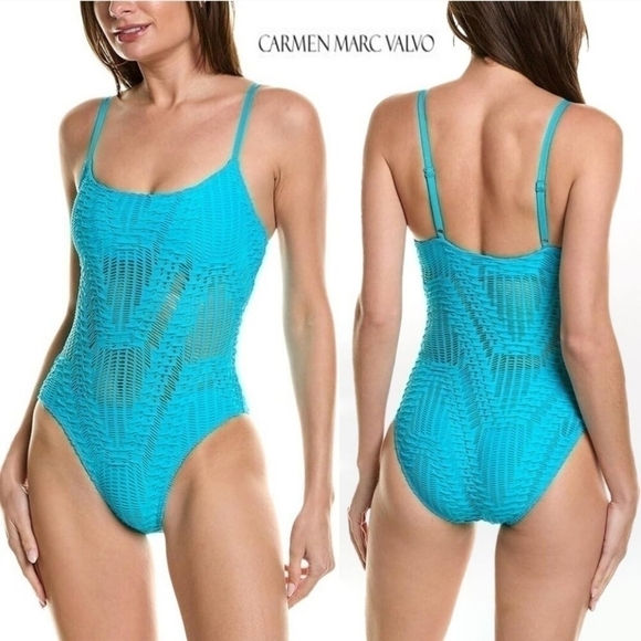 Carmen Marc Valvo Capri‎ Blue Mesh Padded Bra One Piece Swimsuit Size 10 NWT - Picture 1 of 6